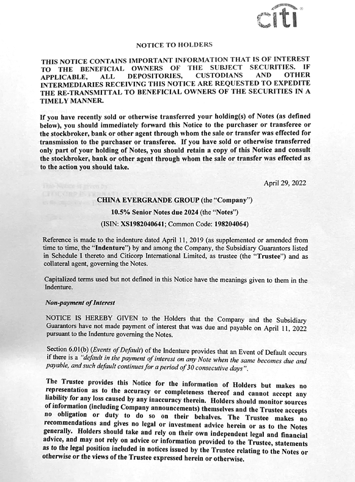 Citi Letter on Evergrande Default via asiaMarkets June 2022