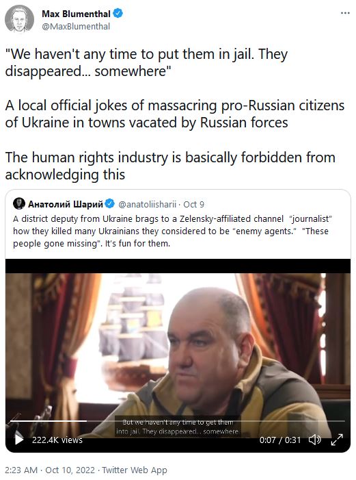 Max Blumenthal on Twitter - Admission of Ukraine War Crimes by Local Official